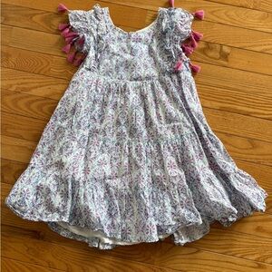 Mer St Barthes Girls White Floral Tassel-Trim Casual Dress - Pink Accents